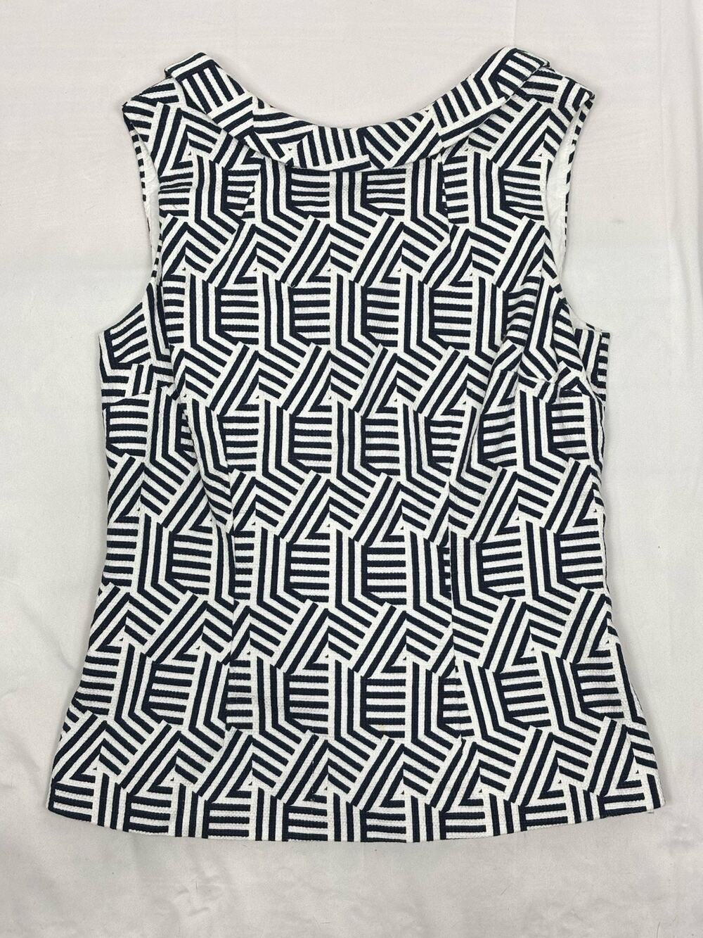 Boden Boat Neck SL Navy Blue White Geometric Pattern Top Size 8 Retro Preppy